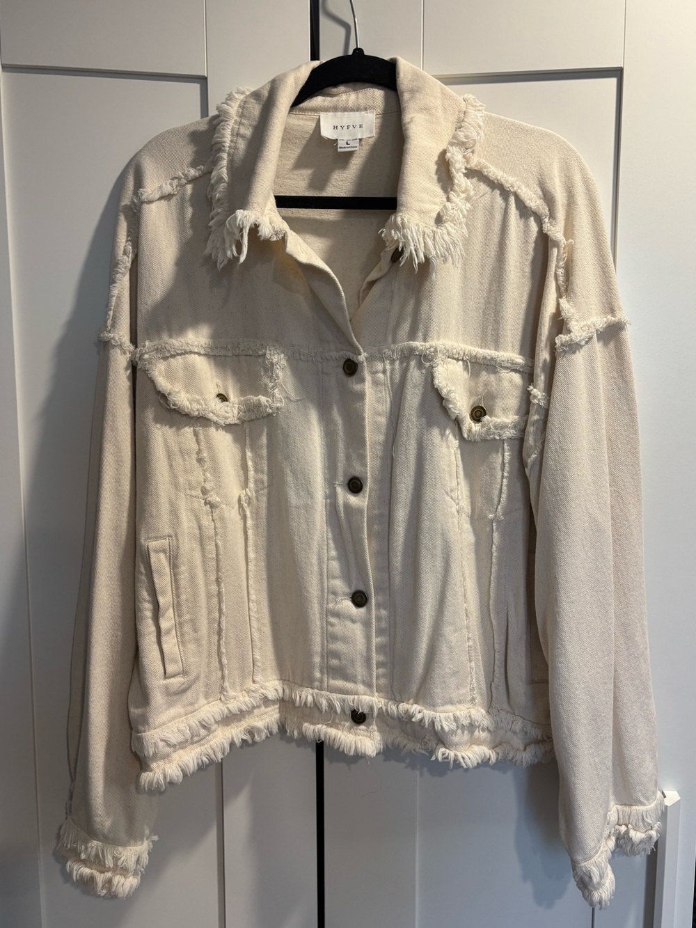 Hyfve Cream Frayed Edge Denim Jacket